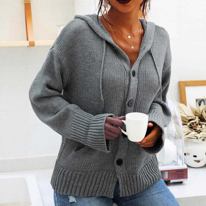 Damen Grobstrickcardigan mit Kapuze und großen Knöpfen Drune