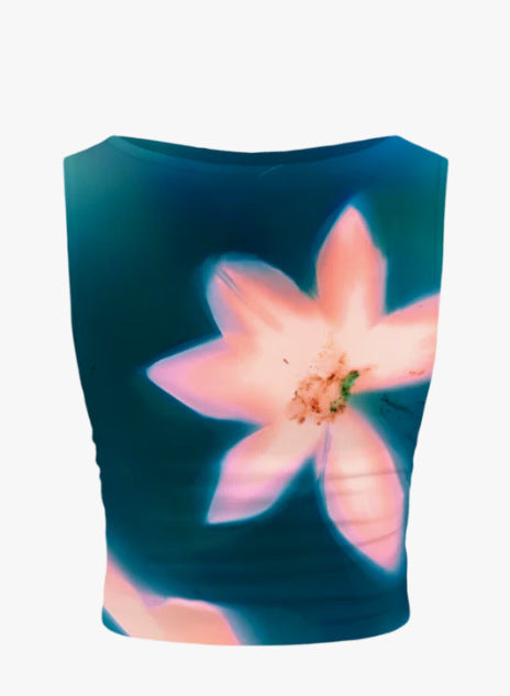 Damen ärmelloses Crop-Top mit floralem Motiv und figurbetontem Schnitt Drune