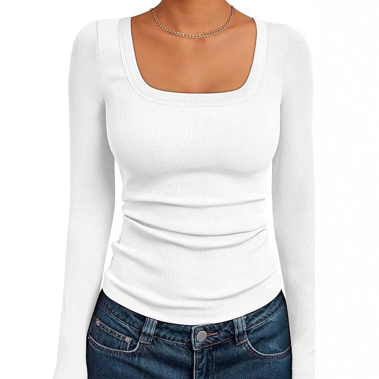 Damen Figurnahes Ripp-Langarmshirt mit weitem Carré-Ausschnitt und Stretch-Baumwollmix Drune
