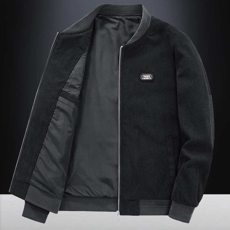 Herren Kord-Blousonjacke im Bomberstil mit elastischem Rippbund, gesteppter Innenfütterung und Logo‑Patch Drune