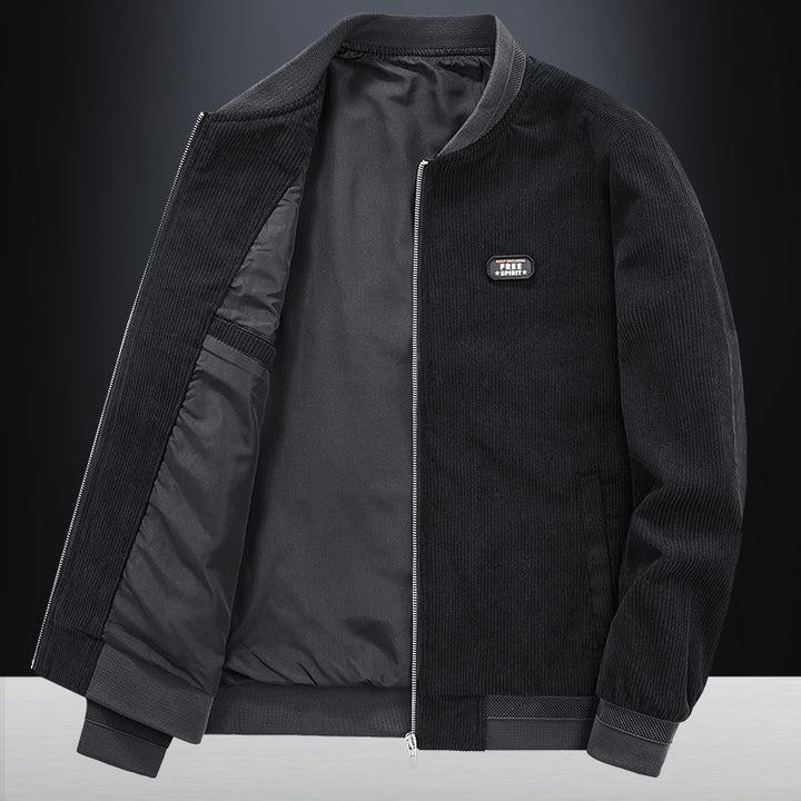 Herren Kord-Blousonjacke im Bomberstil mit elastischem Rippbund, gesteppter Innenfütterung und Logo‑Patch Drune