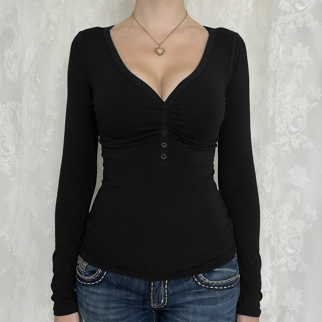 Damen nan tailliertes Langarmshirt mit geraffter Knopfleiste und tiefem V-Ausschnitt Drune
