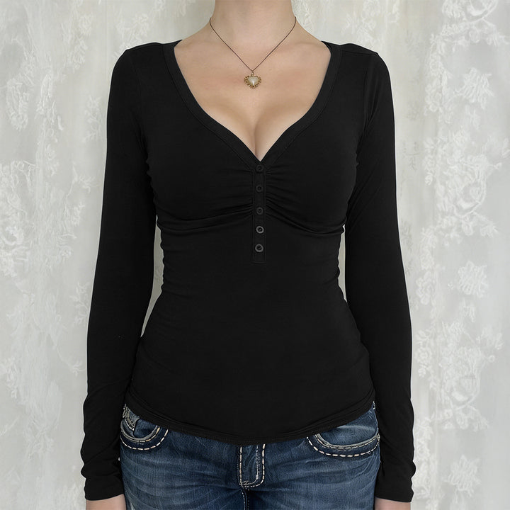 Damen nan tailliertes Langarmshirt mit geraffter Knopfleiste und tiefem V-Ausschnitt Drune