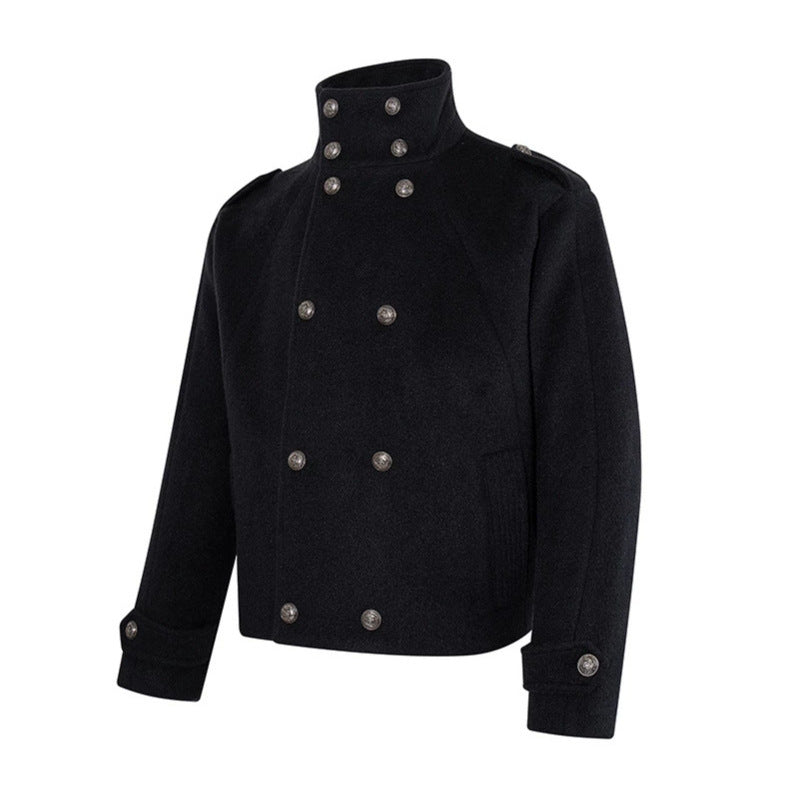 Damen Kurze Doppelreihige Militärische Cabanjacke mit Stehkragen und Epauletten Drune