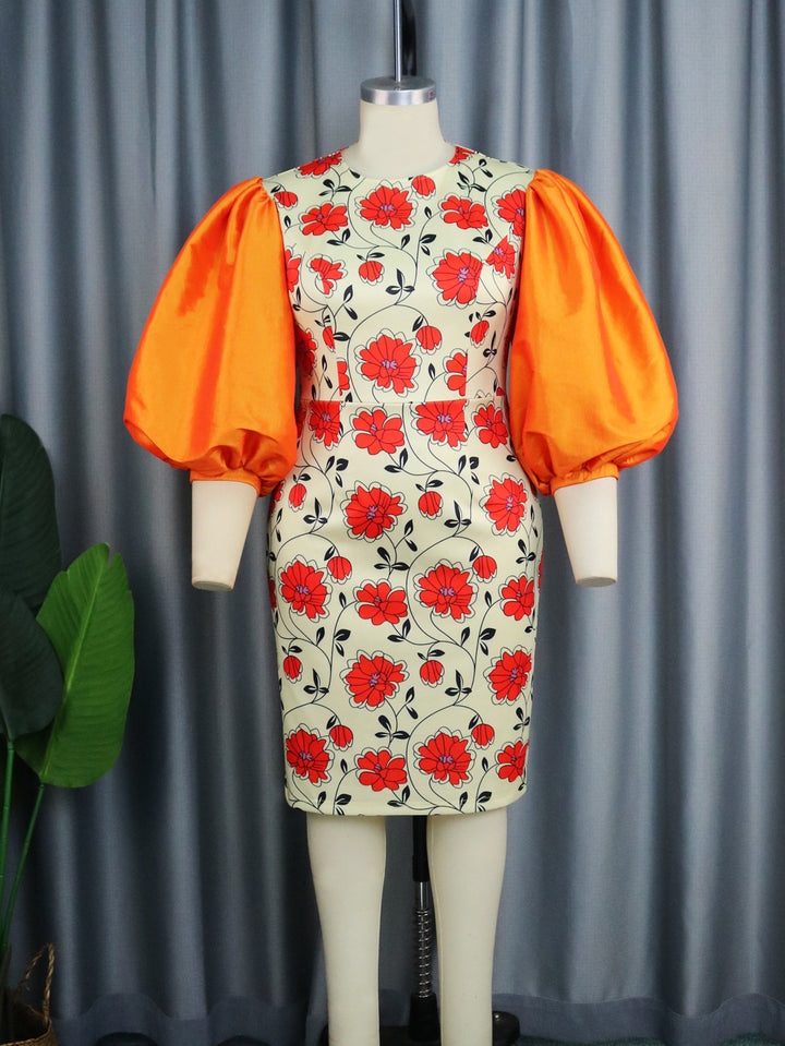 Damen figurbetontes Kleid mit voluminösen Puffärmeln und floralem Design Drune