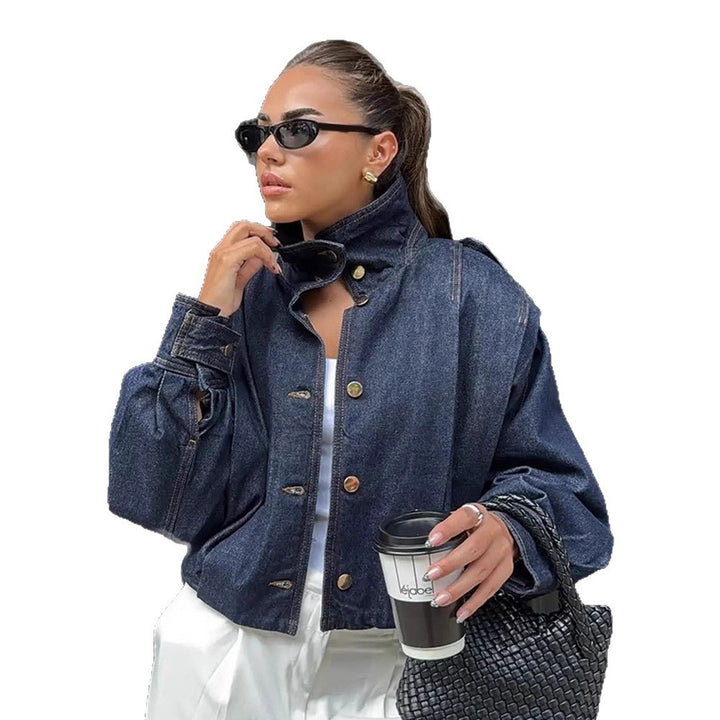 Damen Oversize Jeansblouson mit hohem Stehkragen, Druckknopfleiste und Schulter-Detail Drune