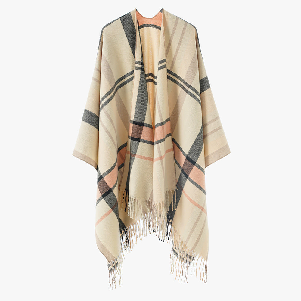 Damen Oversize Poncho-Cape mit Karomuster und Fransen Drune