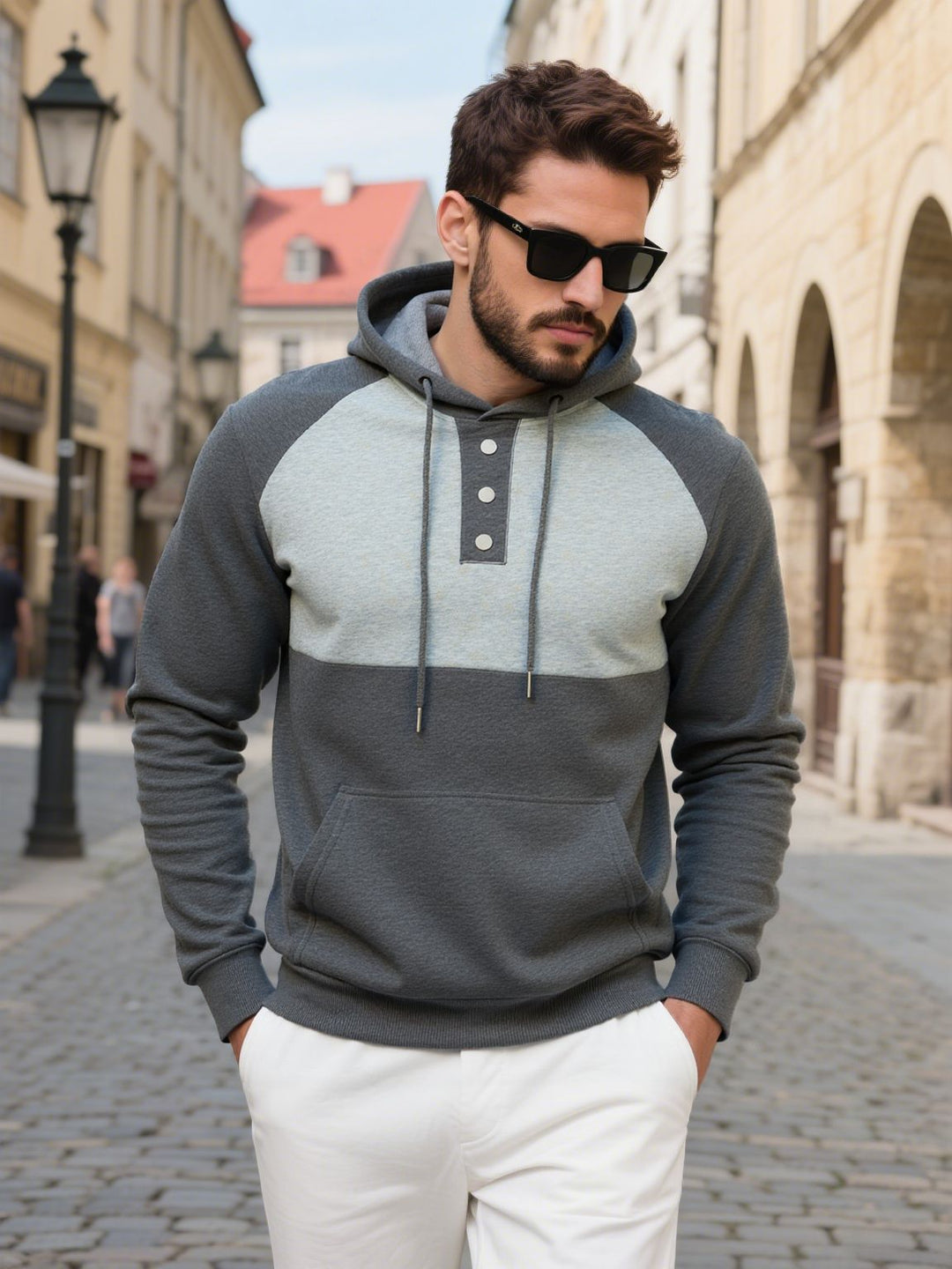 Herren modischer Hoodie mit Knopfleiste und farblich abgesetzten Ärmeln Drune