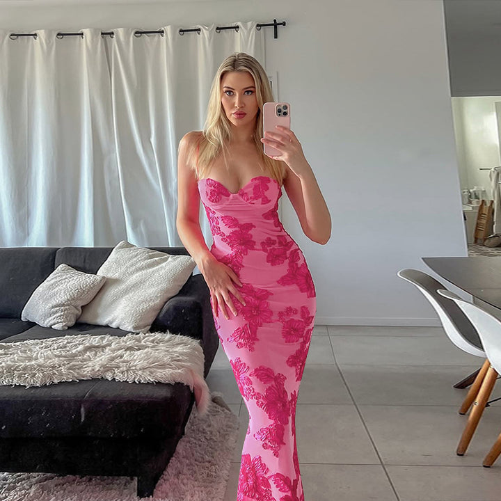 Damen elegantes Spitzen-Maxikleid mit herzförmigem Ausschnitt und fließendem Rüschendesign Drune