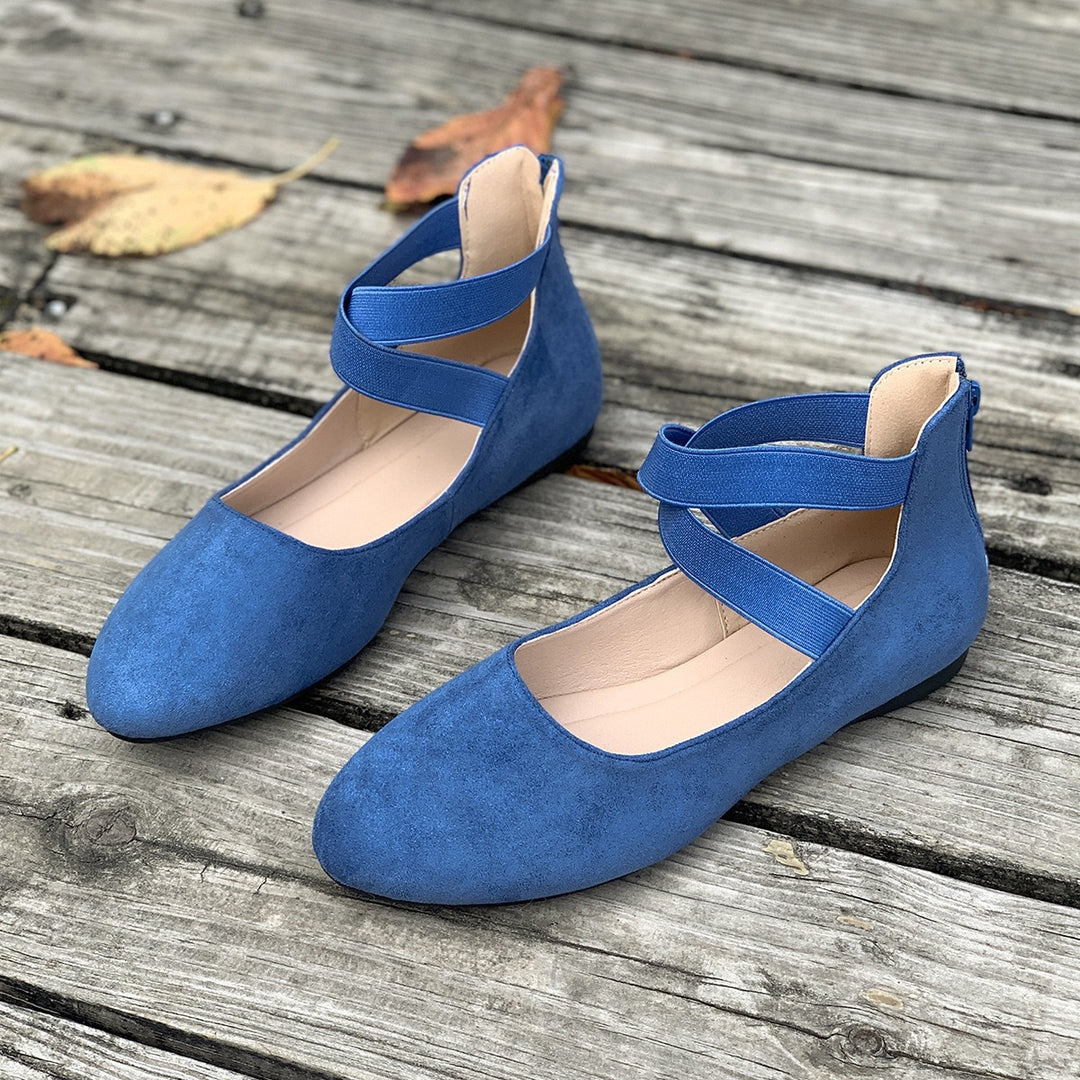 Damen Flache Ballerina-Slipper aus Wildlederimitat mit elastischen Kreuzriemen Drune