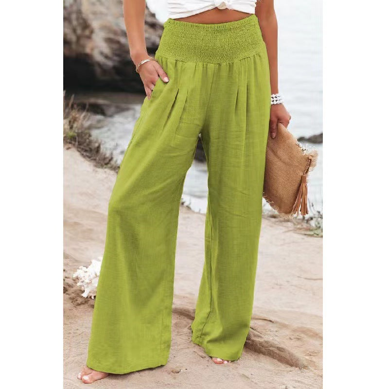 Damen weite Leinenhose mit elastischem Bund und Falten Drune