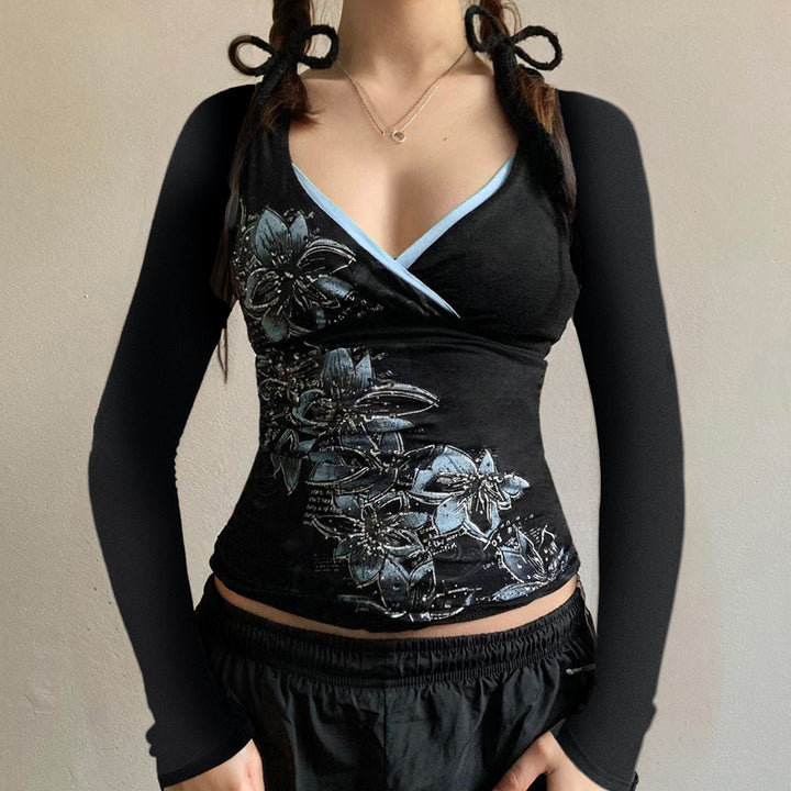Damen Langarm-Crossover-Top mit V-Ausschnitt, floraler Seitenprint und Kontrastbesatz Drune