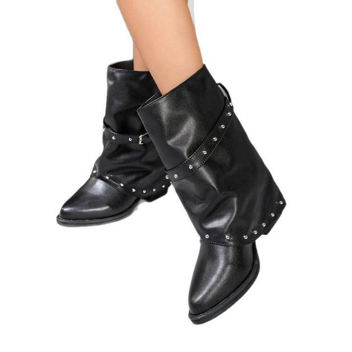 Damen Modische Boots mit Nieten und Gürteldetails Drune