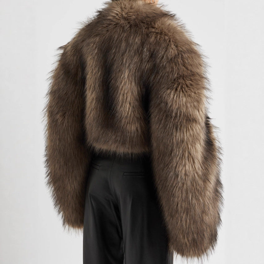 Damen Kurze voluminöse Crop-Faux-Fur-Jacke mit verlängerten Ärmeln Drune