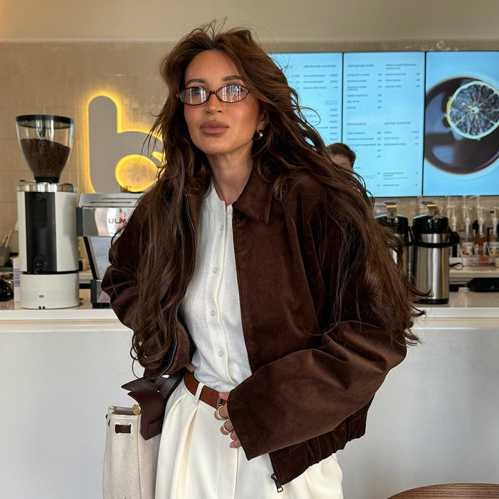 Damen Modische Cordjacke mit lässigem Schnitt und geradem Kragen Drune