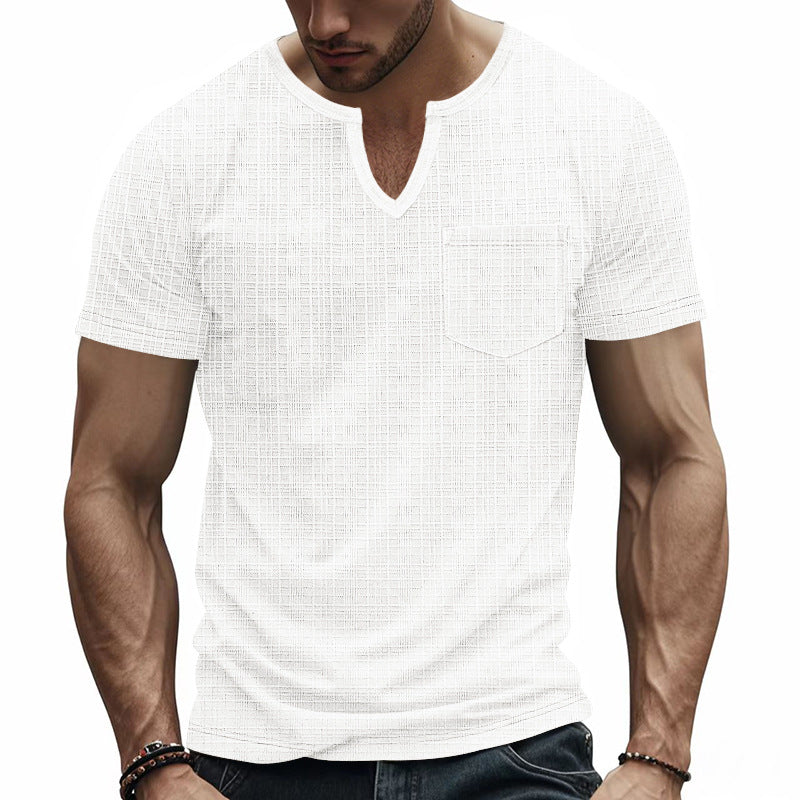 Herren nan Kurzarmshirt mit geschlitztem V-Ausschnitt strukturierter Leinenoptik und aufgesetzter Brusttasche Drune