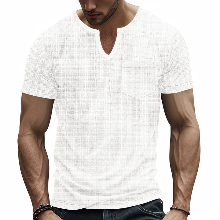 Herren nan Kurzarmshirt mit geschlitztem V-Ausschnitt strukturierter Leinenoptik und aufgesetzter Brusttasche Drune