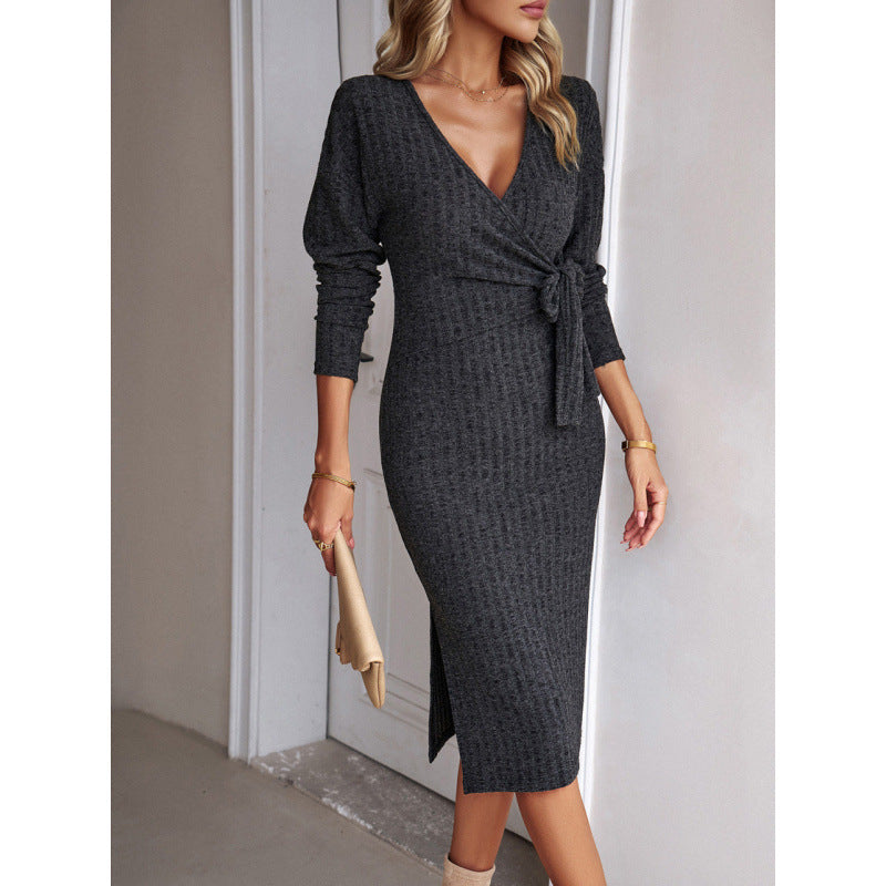 Damen Wickelkleid mit tiefem V-Ausschnitt und Taillengürtel Drune