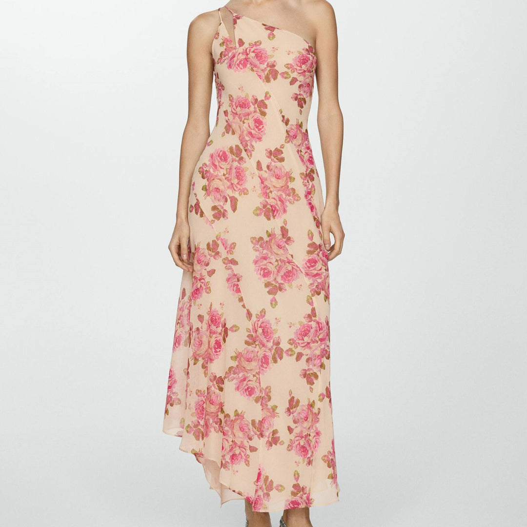 Damen asymmetrisches Maxikleid mit floralem Muster und einem Schulterdesign Drune