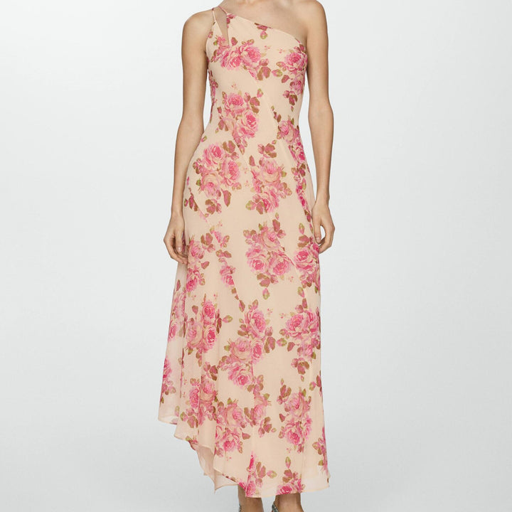Damen asymmetrisches Maxikleid mit floralem Muster und einem Schulterdesign Drune