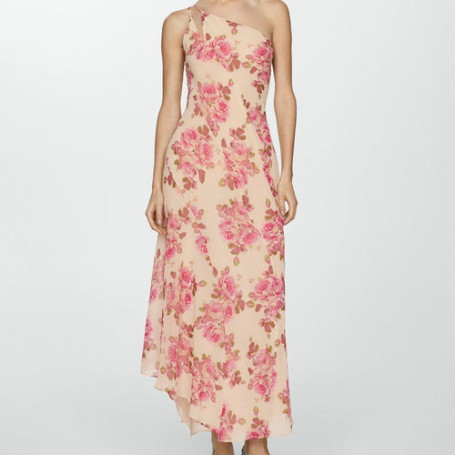 Damen asymmetrisches Maxikleid mit floralem Muster und einem Schulterdesign Drune