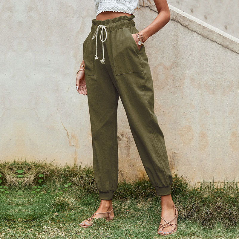 Damen Leichte Paperbag-Joggerhose mit Kordelzug, hohen Bundfalten und elastischen Bündchen Drune