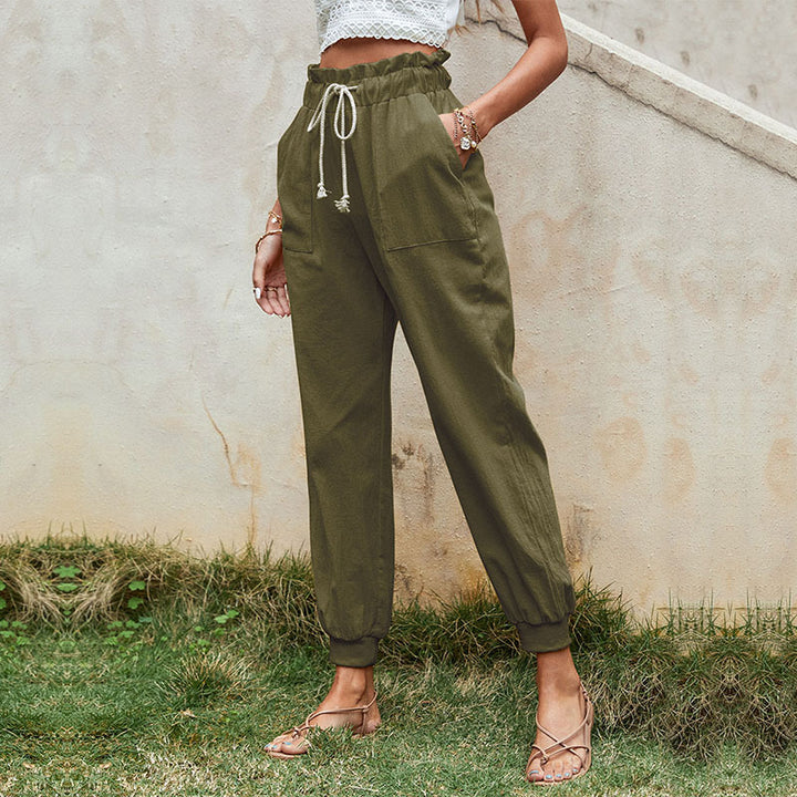 Damen Leichte Paperbag-Joggerhose mit Kordelzug, hohen Bundfalten und elastischen Bündchen Drune