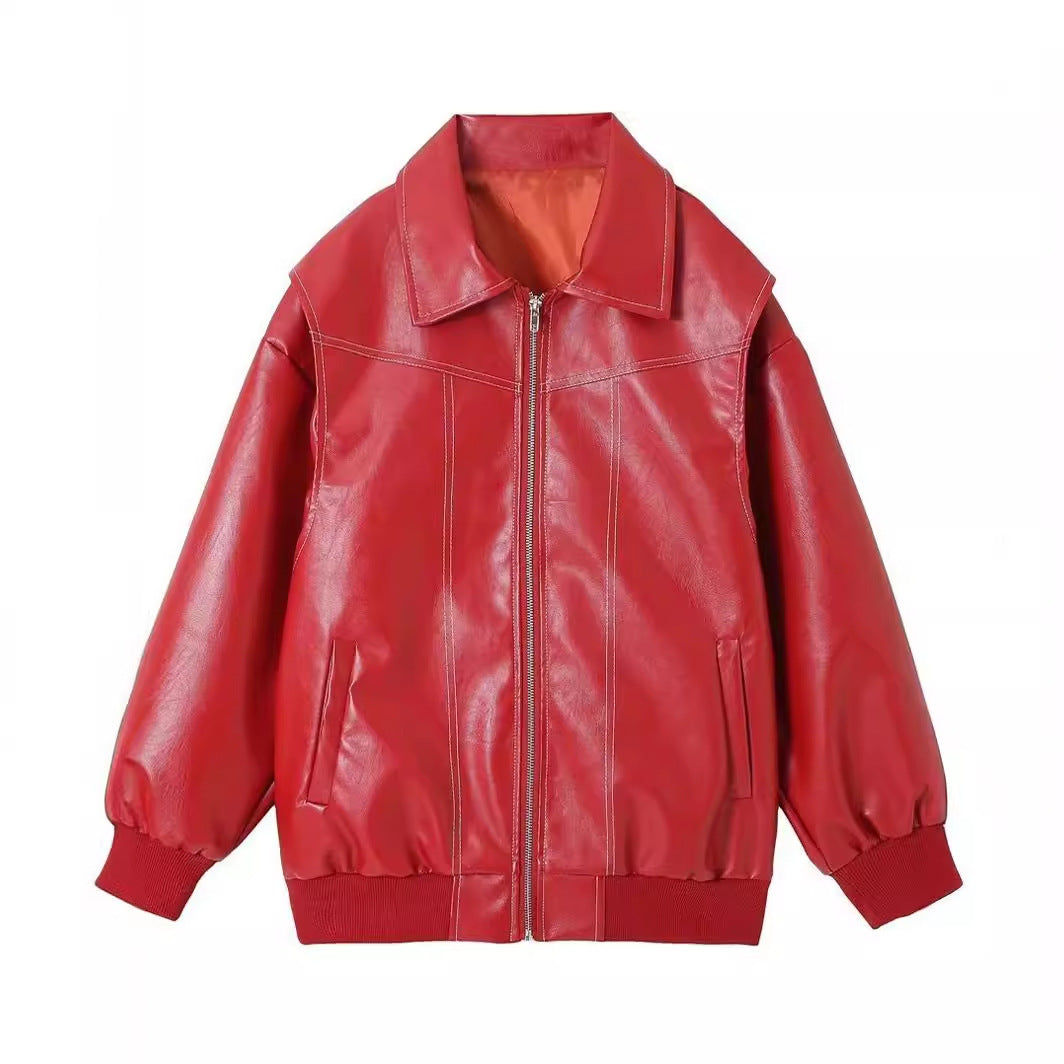 Damen stylische Kunstlederjacke mit voluminösen Ärmeln und praktischen Zipper-Taschen Drune