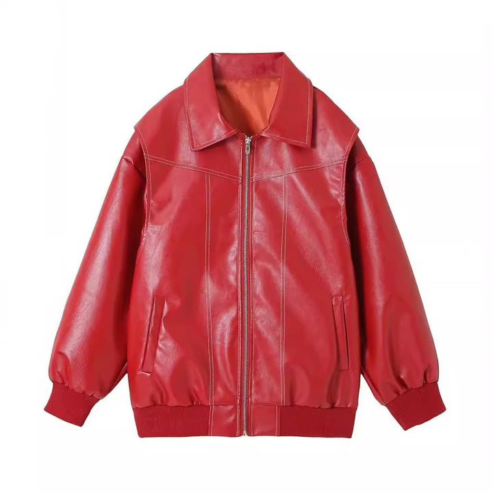 Damen stylische Kunstlederjacke mit voluminösen Ärmeln und praktischen Zipper-Taschen Drune
