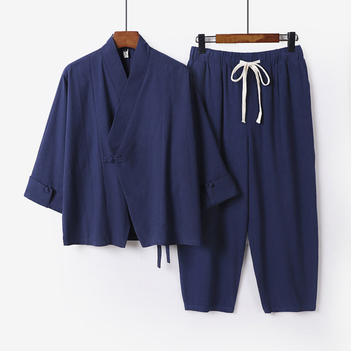 Herren Atmungsaktives Leinen-Baumwoll Lounge-Set mit asymmetrischem V-Kragen und elastischer Kordelhose Drune