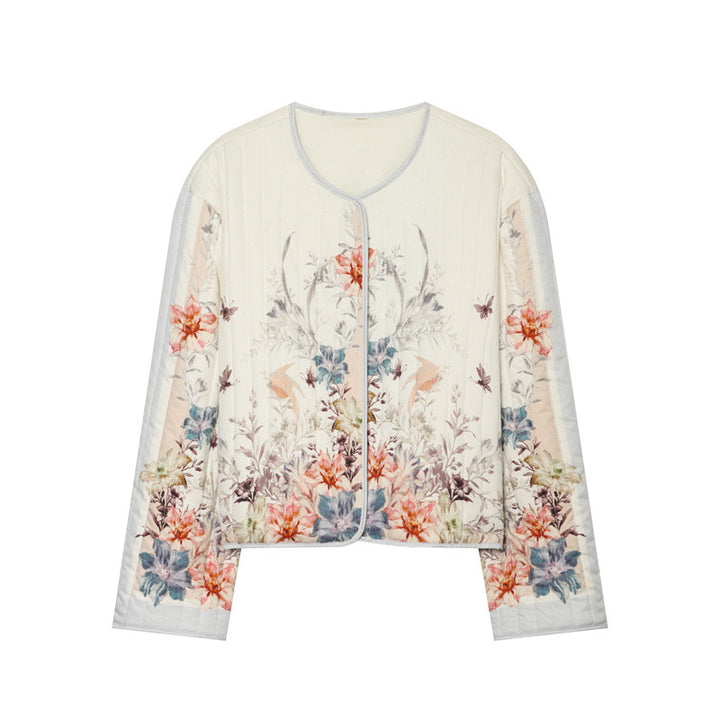 Damen nan gesteppte Blumen-Cardiganjacke mit Rundhals, leichter Wattierung und durchgehender Druckknopfleiste Drune