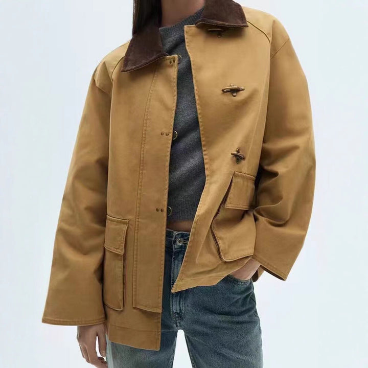 Damen Oversize Kurzmantel mit Knebelverschlüssen und Cordkragen Drune