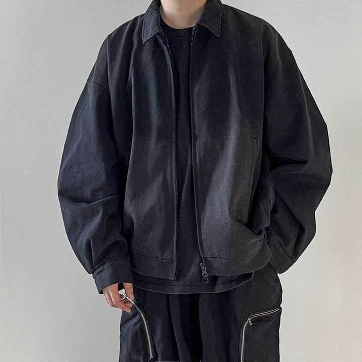 Herren Boxy-Bomberjacke aus Velourslederoptik mit Hemdkragen, Reißverschluss und elastischem Saum Drune