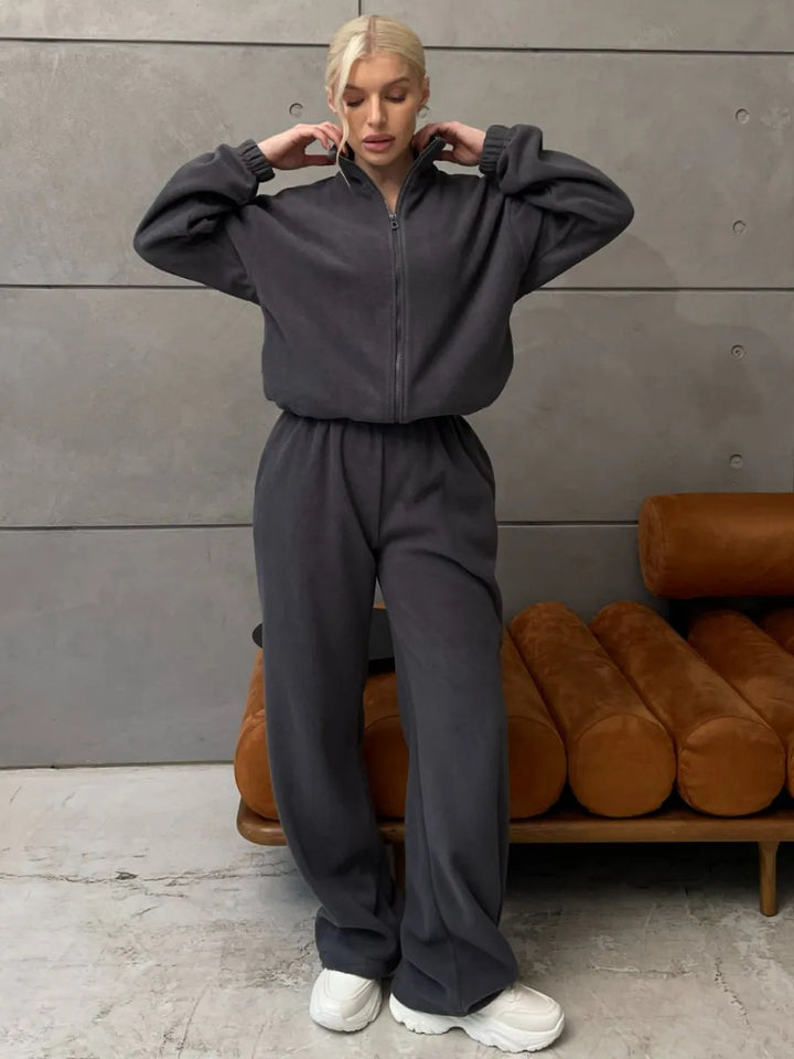 Damen Komfortables Fleece-Loungewear-Set mit kurzem Zip-Top und weiter High-Waist-Hose Drune