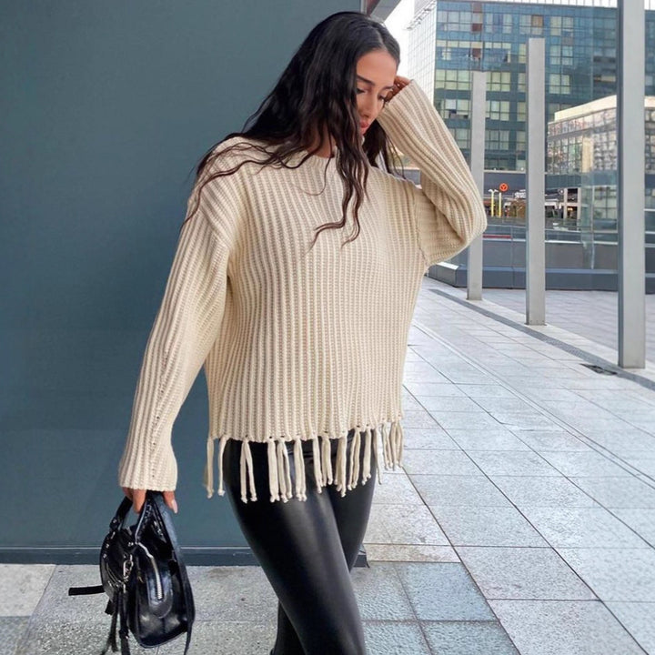 Damen lässiger Rippstrick-Pullover mit Fransen-Saum und Oversize-Silhouette Drune