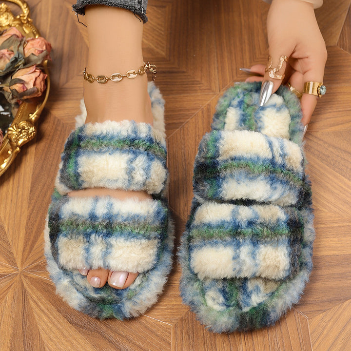 Damen bequeme Hausschuhe aus flauschigem Material mit doppeltem Riemen Drune
