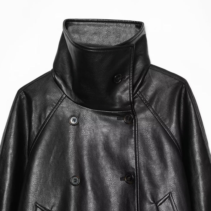 Damen Kurze Lederimitat-Jacke mit hohem Stehkragen, Doppelreihe und Kordelzugbund Drune