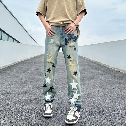 Herren Lässige Distressed Jeans mit Sternenapplikationen Drune