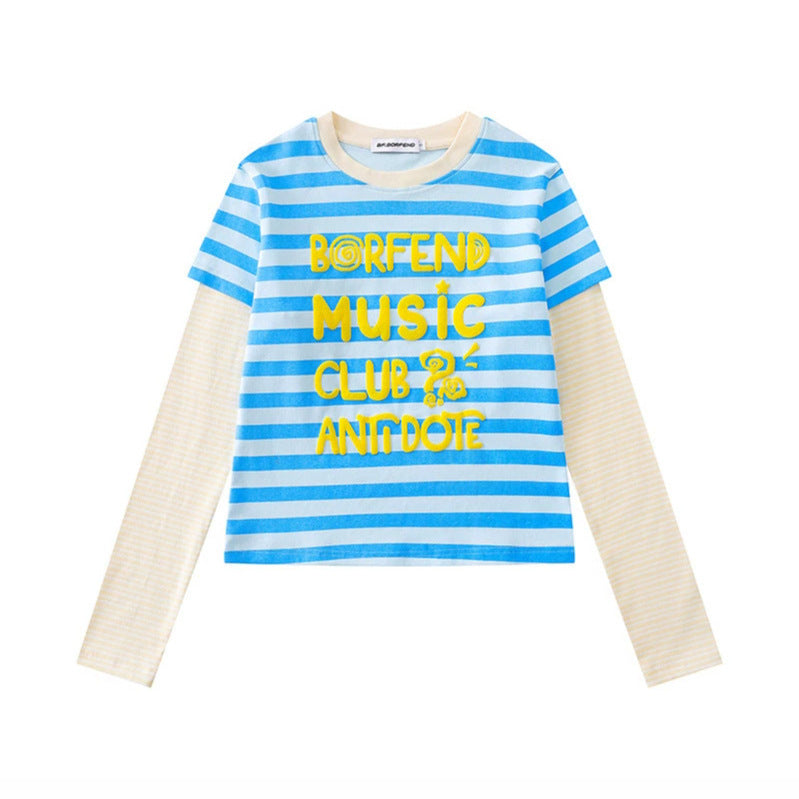 Damen Lagen-Langarmshirt im Layer-Look mit kontrastierenden Streifenärmeln und typografischem Print Drune