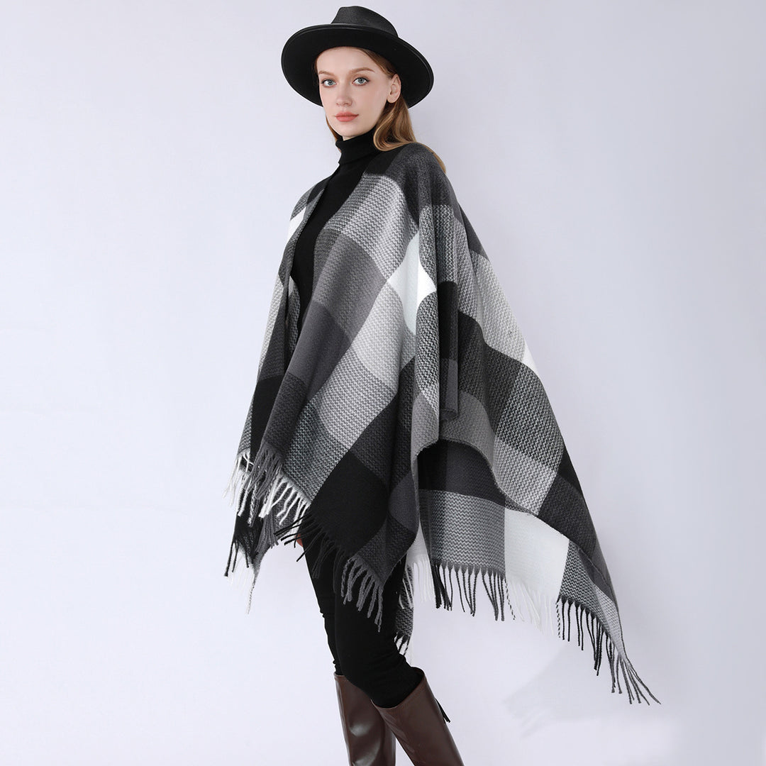 Damen Weichfallender Oversize-Poncho im Plaid-Webmuster mit V-Kragen und Fransensaum Drune