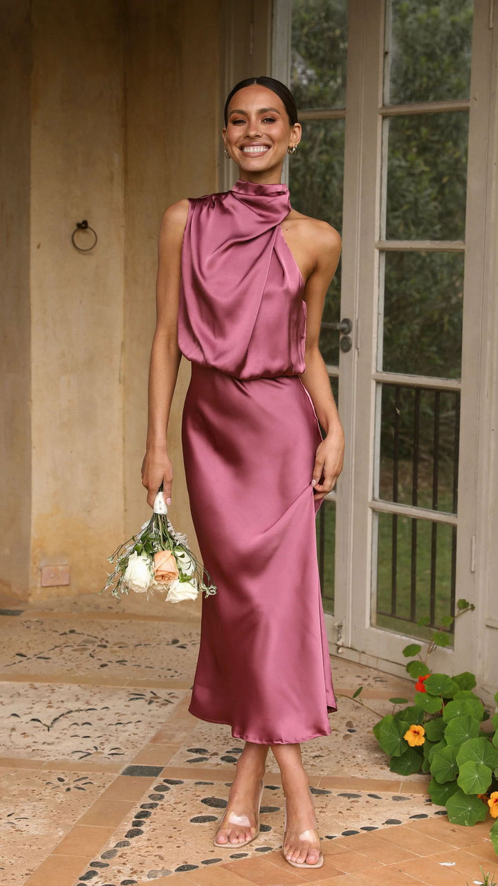 Damen Maxi-Kleid mit asymmetrischem Oberteil und fließendem Satin Drune