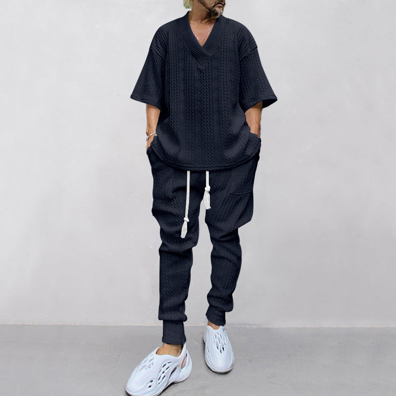 Herren nan lässiges Strickset mit V-Ausschnitt und Kordelzug-Joggerhose Drune