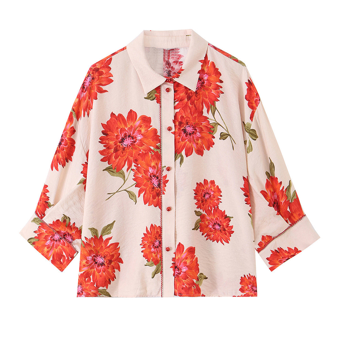 Damen Leichte Oversize‑Bluse mit Dreiviertelärmeln und großem Blumenprint Drune