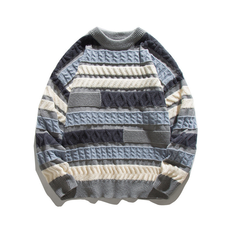 Unisex Oversize Grobstrickpullover mit strukturierter Blockstreifen-Optik und Rundhalsausschnitt Drune