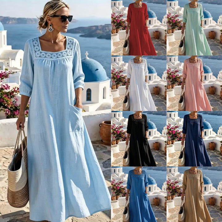 Damen Maxikleid mit gehäkeltem Quadrat-Ausschnitt, dreiviertel Ärmeln und Eingrifftasche Drune