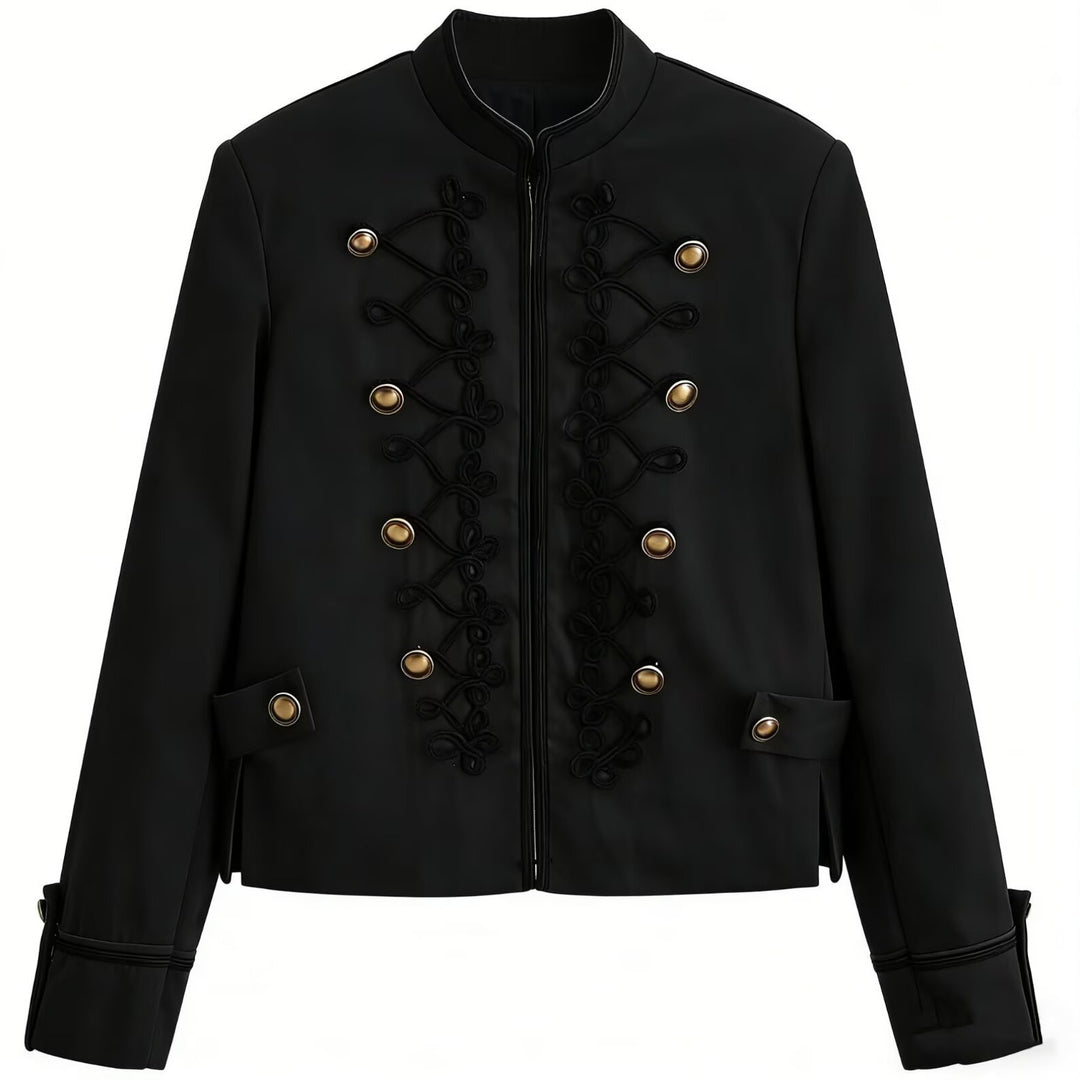 Damen Militärinspirierte Kurzjacke mit Stehkragen, Zierkordeln und Goldknöpfen Drune