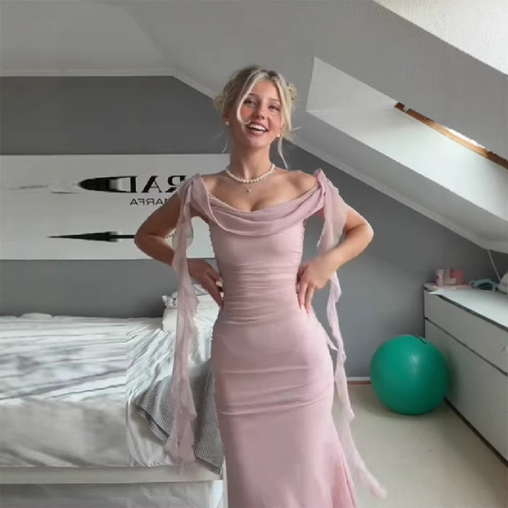 Damen Elegantes Maxikleid mit drapierten Ärmel und figurbetontem Schnitt Drune