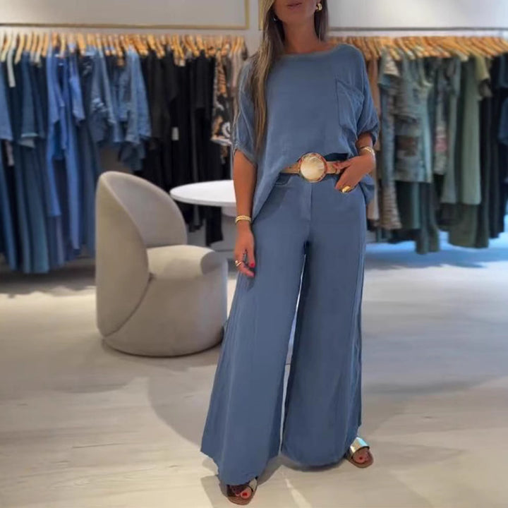 Damen nan lässiges Leinenmix-Zweiteiler mit kastigem Oversize-Top, aufgesetzter Brusttasche und weitem Palazzo-Hosenbein Drune