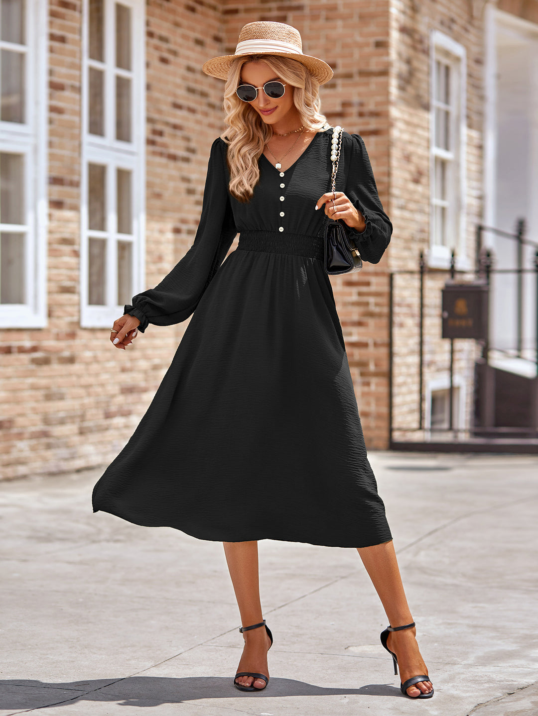 Damen Midikleid mit V-Ausschnitt, geraffter Smock-Taille und Knopfleiste Drune