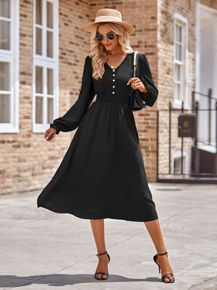 Damen Midikleid mit V-Ausschnitt, geraffter Smock-Taille und Knopfleiste Drune